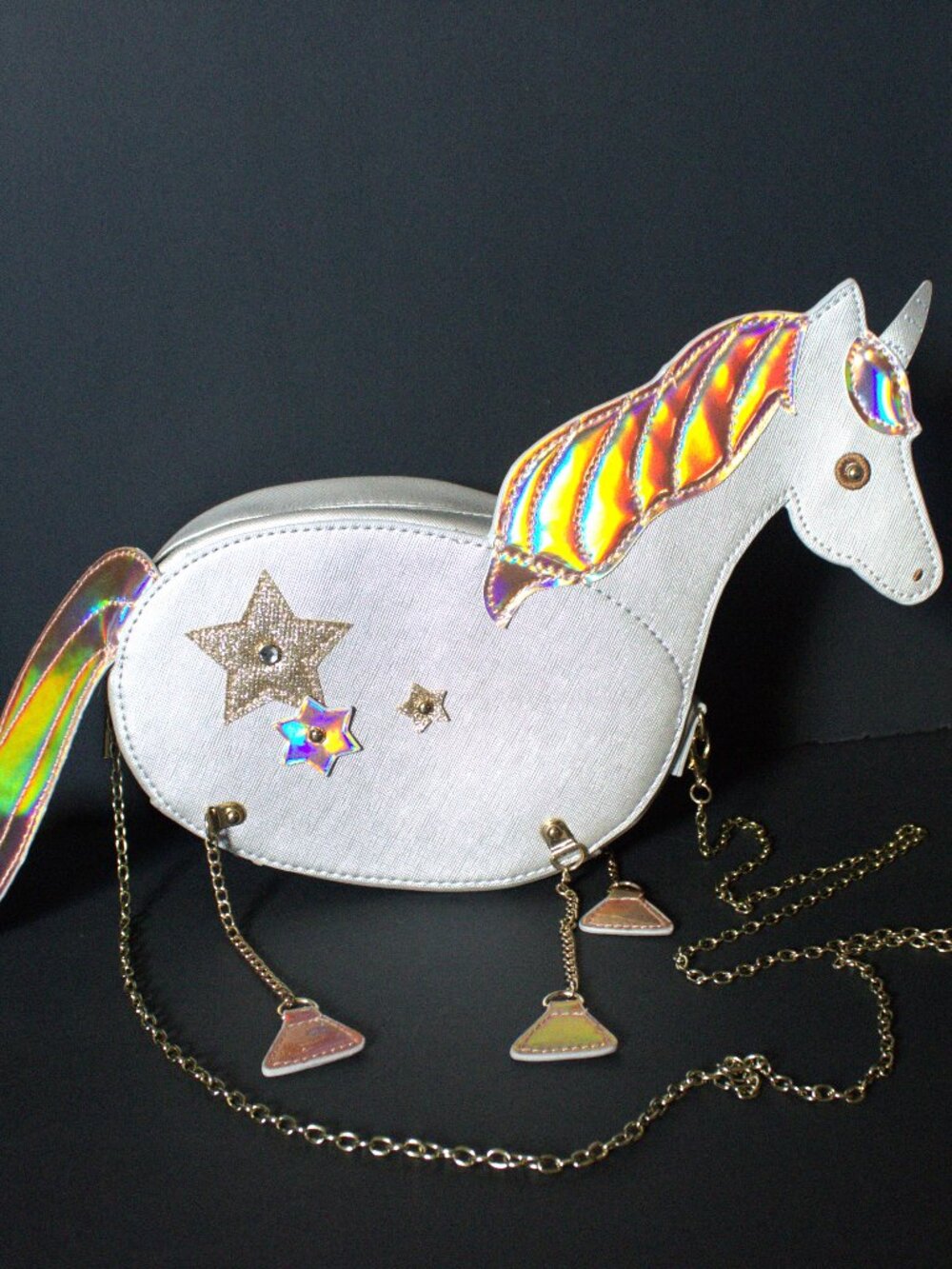 Unbranded Silver Metallic Holographic Unicorn with Gold Hardware